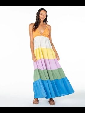 NWOT Roxy Honolula Glow Multi-Color Tiered Maxi Dress Sz Med